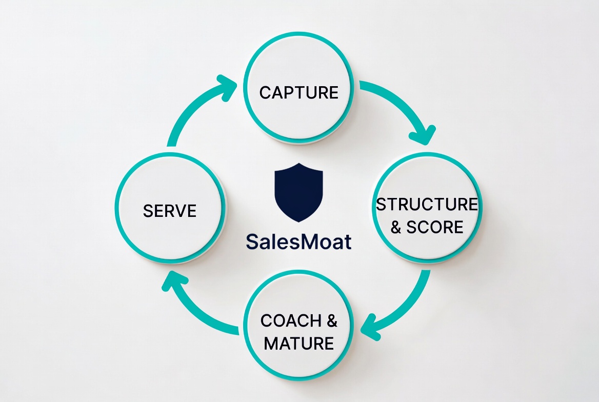 SalesMoat IP Cycle: Capture, Structure & Score, Coach & Mature, Serve